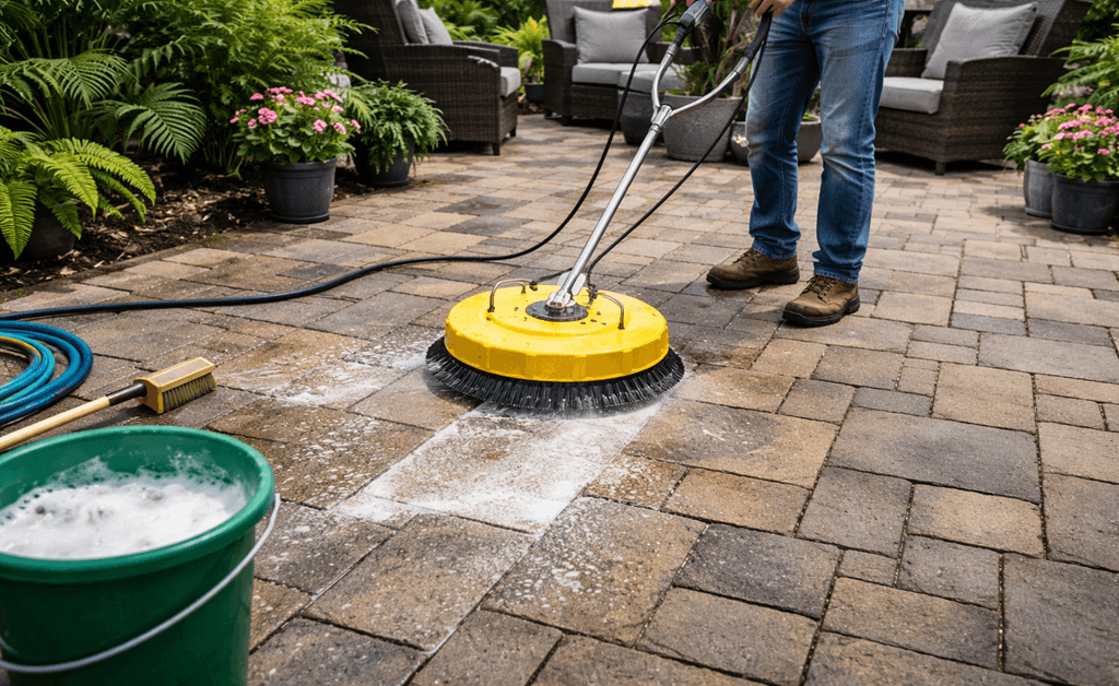 Paver cleaning, re-sanding, and sealing on a Florida driveway and patio