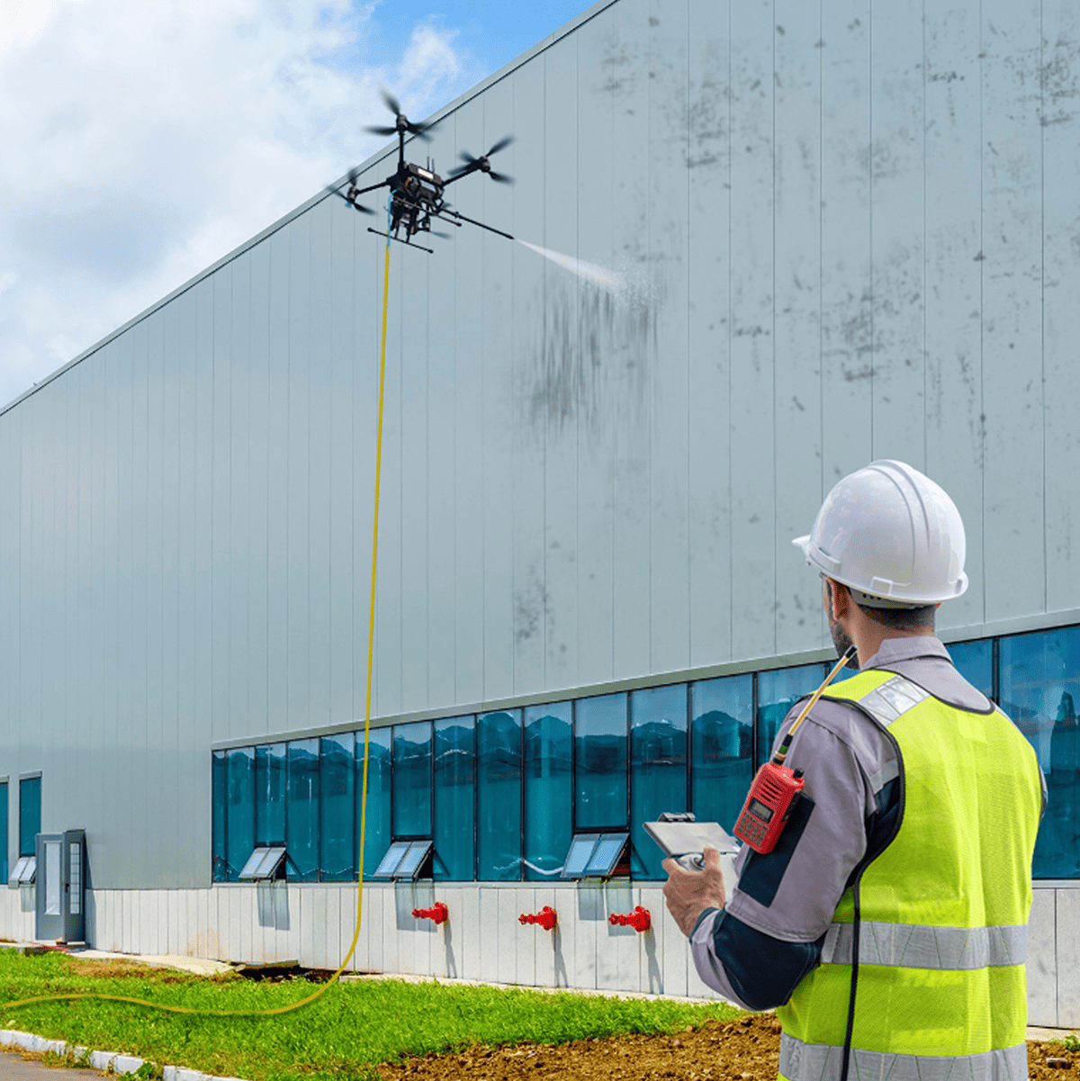 Drone window cleaning on a Palm Beach estate glass wall