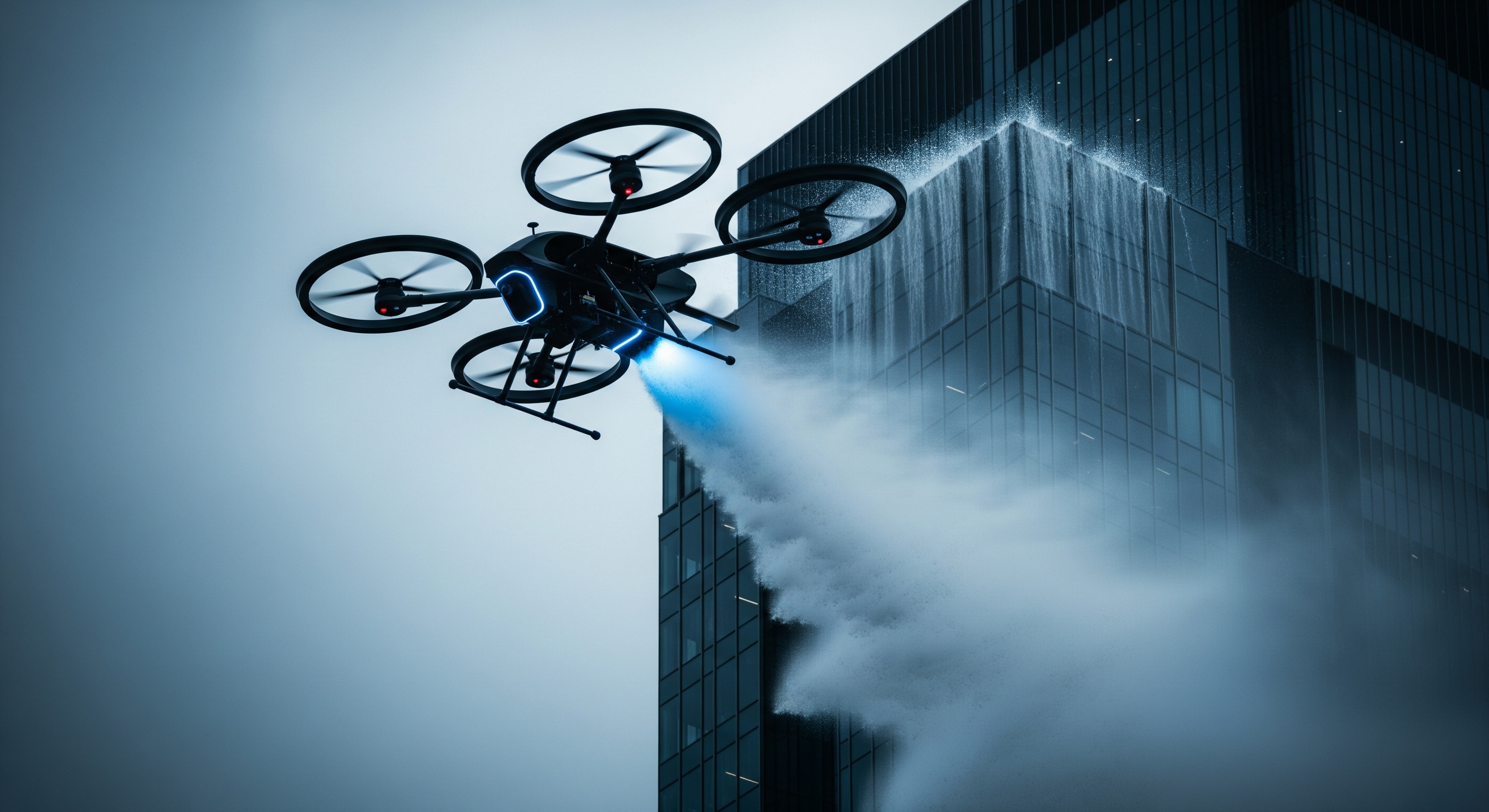 Professional black drone flying near modern glass skyscrapers in misty urban environment